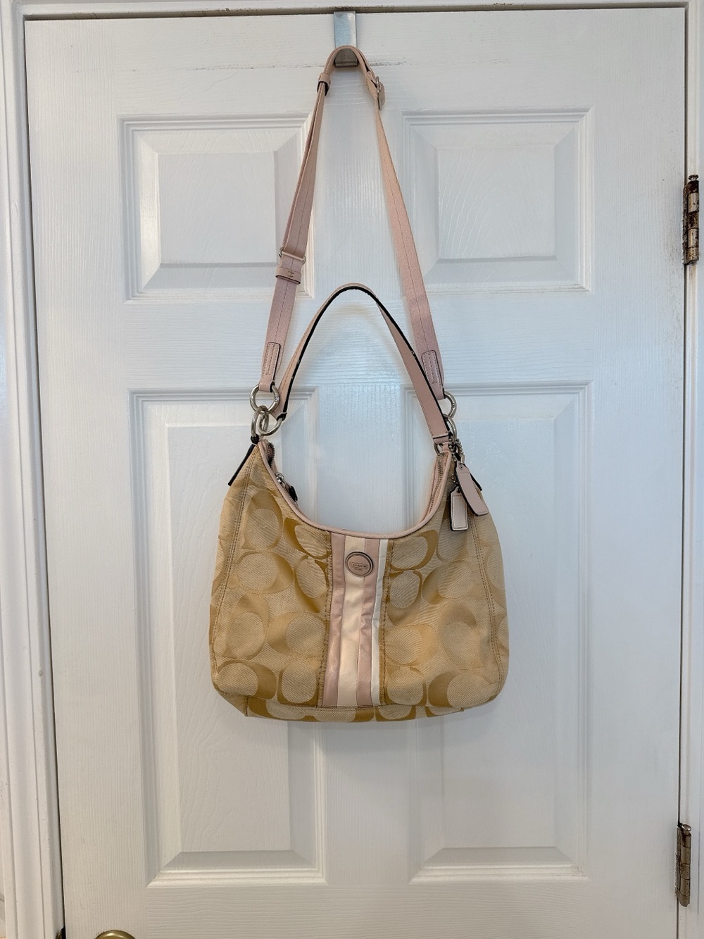 Coach Signature Stripe Multistripe Convertible Hobo- pink and beige trim F21923
